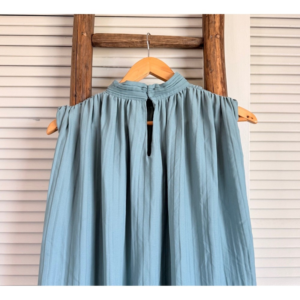 Zara Pleated High Neck‎ Sleeveless Maxi Dress Light Blue XS Column Gown - Picture 4 of 5